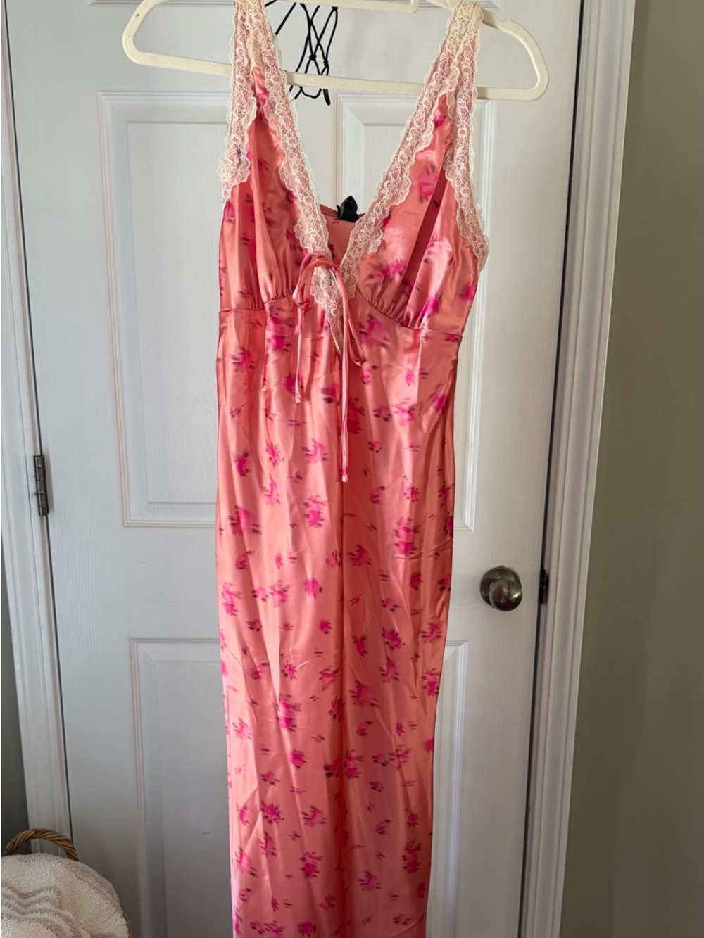 Women's Pink Floral Satin Nightgown with Lace Trim